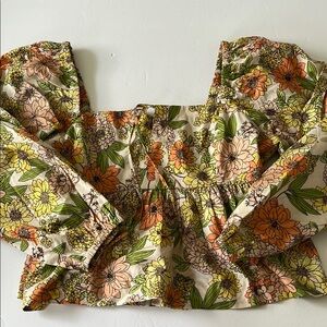 J. Crew Green and Orange Floral Puff Sleeve Blouse